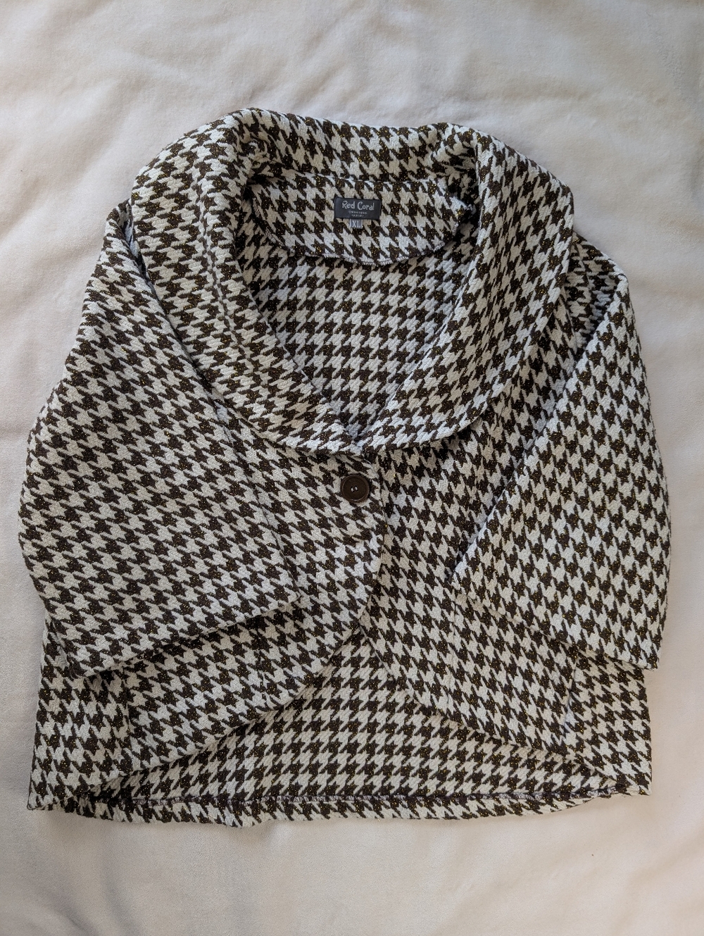 Red Coral Houndstooth Jacket Knit Blazer Style Metallic Thread XL - Picture 5 of 15